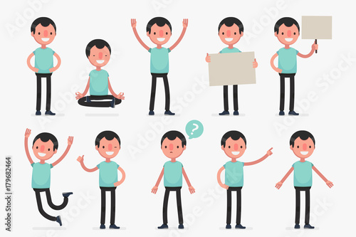 Male character in casual clothes in different poses: Vector illustration.