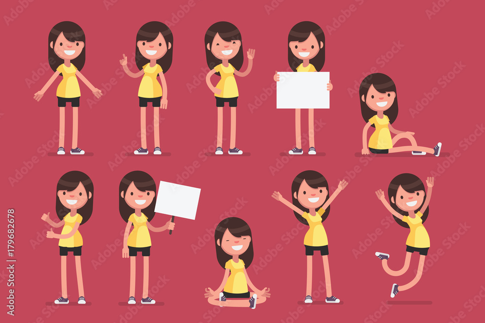 Set of female character in sport clothes in different poses: Vector illustration. Set of female character in sport clothes in different poses: Vector illustration.
