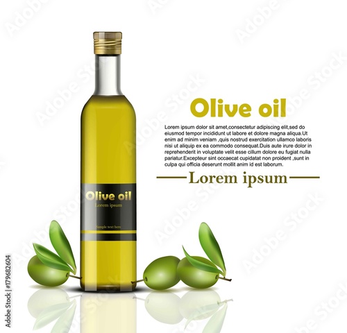 Olive oil bottle Vector realistic. food identity branding, packaging design. Healthy cold pressed organic product, natural vegan products