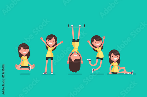Set of female character in sport clothes in different poses: Vector illustration.