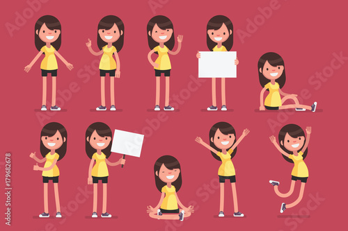 Set of female character in sport clothes in different poses: Vector illustration.