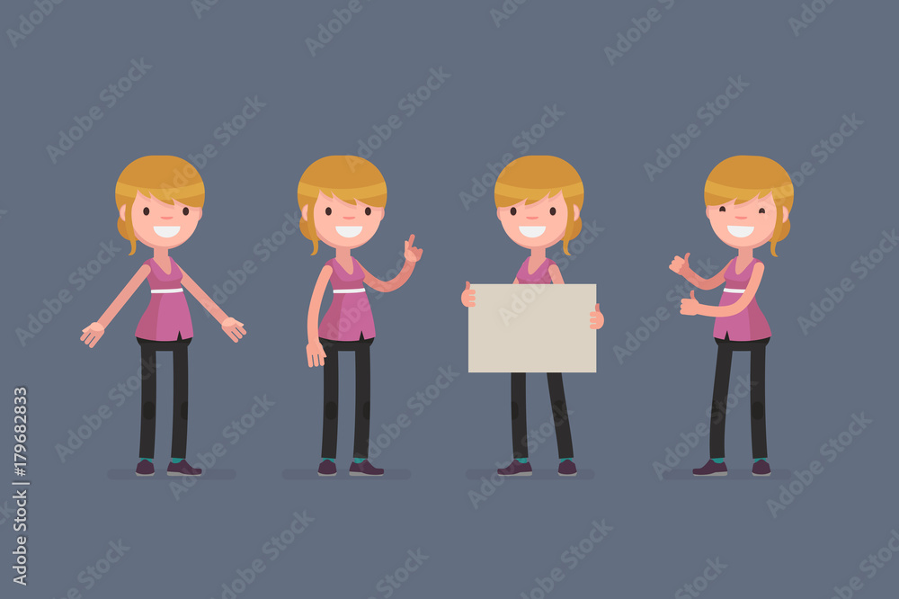 Female character in casual clothes in different poses: Vector illustration. Female character in casual clothes in different poses: Vector illustration.