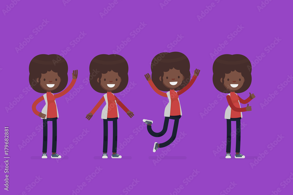 Female character in casual clothes in different poses: Vector illustration. Female character in casual clothes in different poses: Vector illustration.