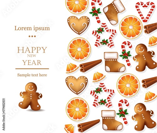 Happy New Year card with gingerbread cookies Vector. Holidays flavors with Or...