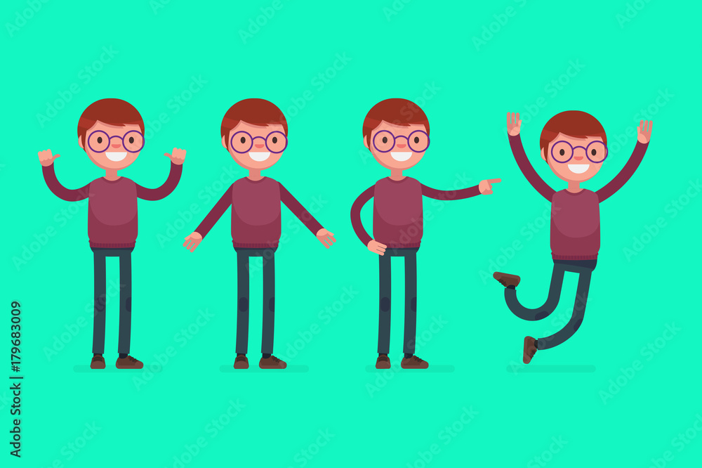 Male character in casual clothes in different poses: Vector illustration. Male character in casual clothes in different poses: Vector illustration.