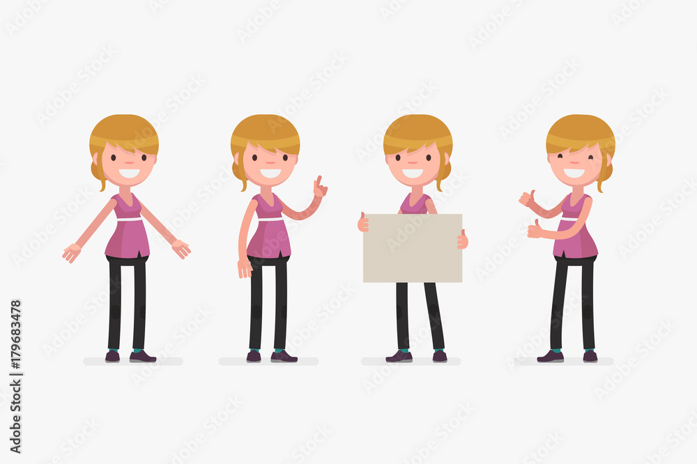 Female character in casual clothes in different poses: Vector illustration. Female character in casual clothes in different poses: Vector illustration.