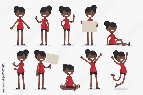 Female character in sport clothes in different poses: Vector illustration.