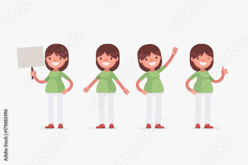 Female character in casual clothes in different poses: Vector illustration.