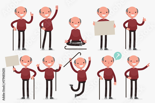 Elderly character set: Vector illustration of senior man in casual cloth.