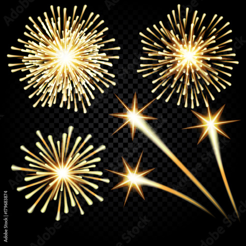 Festive golden firework salute burst on transparent checkered Background. illustration