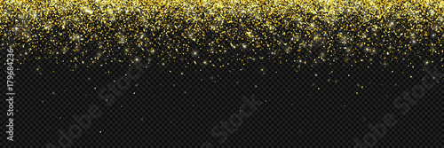 Wide gold glitter particles on dark transparent background. Vector