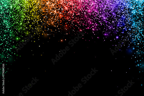 Multicolored falling particles on black background, arch shape. Vector