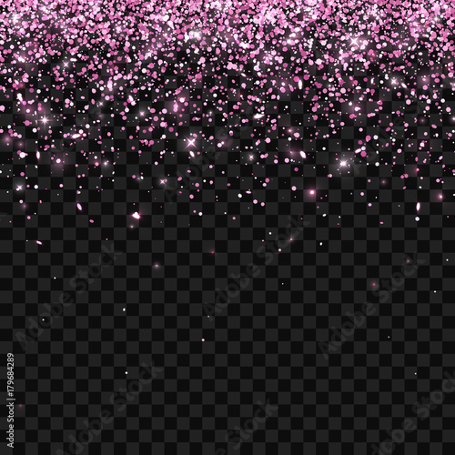 Pink falling glitter particles on dark transparent background. Vector