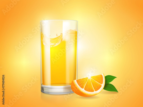 Refreshing orange background with glass and slice of citrus vector