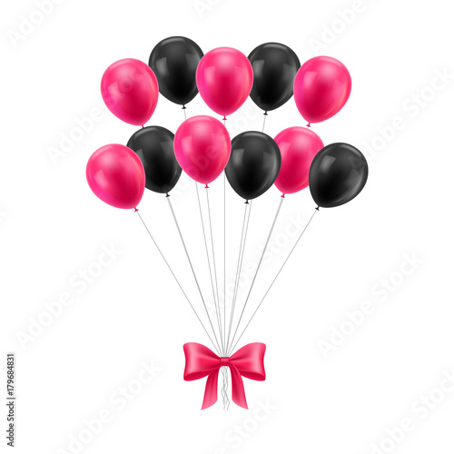 Bunch black and red balls. Tied together set of inflatable helium flying gasbags with a pink butterfly. Realistic congratulations on the holiday or event. Vector isolated on white background