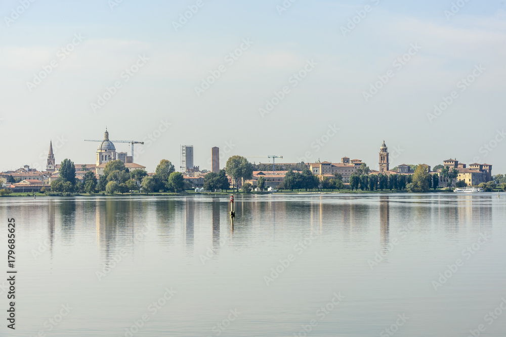 skyline from the lake of Reinassance town , Mantua, Italy
