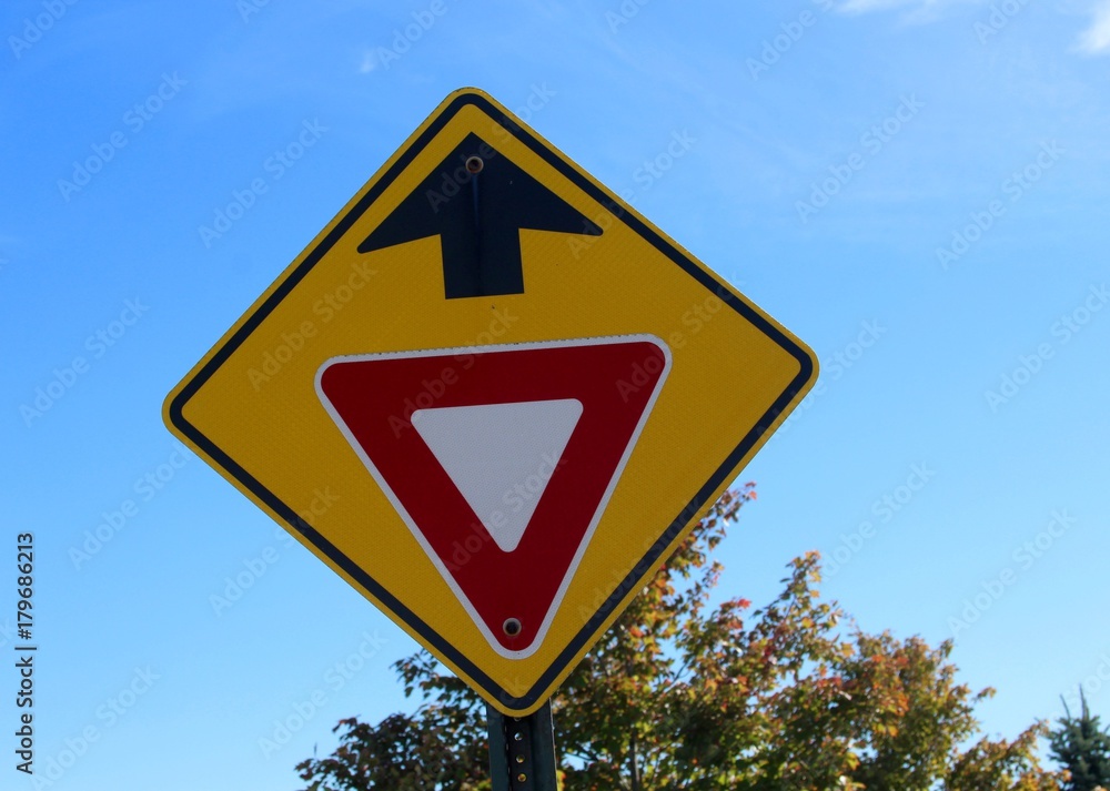 The yellow warning yield sign on a close up view.