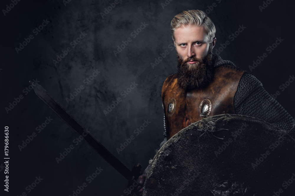 Viking dressed in Nordic armor holds a shield and silver sword. Viking dressed in Nordic armor holds a shield and silver sword.
