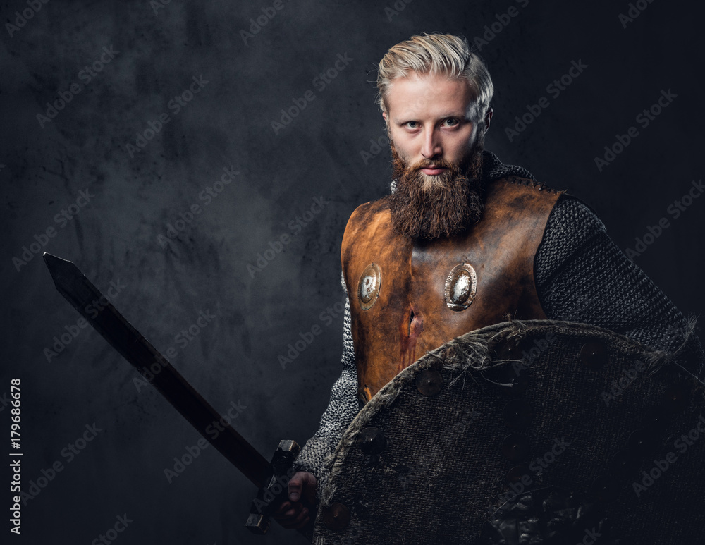 Viking dressed in Nordic armor holds a shield and silver sword. Viking dressed in Nordic armor holds a shield and silver sword.