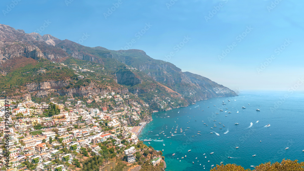 Sorrento coast near Positano with panoramically view on mountains, village and sea.