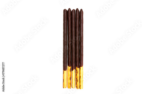 Chocolate Filled Biscuit Sticks on White Background