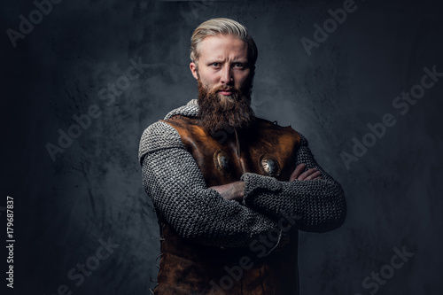 A man Viking dressed in Nordic armor.