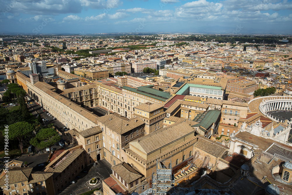 A view of the Sistine Chapel and the Vatican Museums in Rome from the dome of St. Peter .