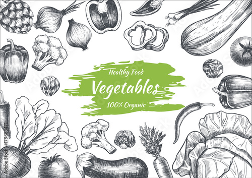 Vector frame with vegetables . Hand drawn. Vintage style