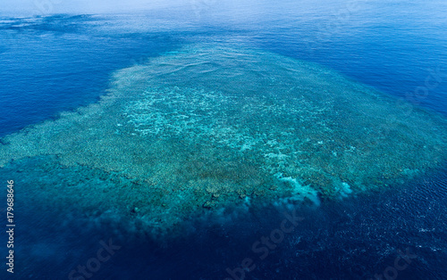 Fototapeta Naklejka Na Ścianę i Meble -  Aerial view of the Great Barrier Reef with a wide reef structure at low tide. The Great Barrier Reef is in Queensland, Australia.