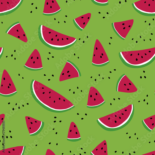 Seamless vector pattern with slices of watermelon on bright green background