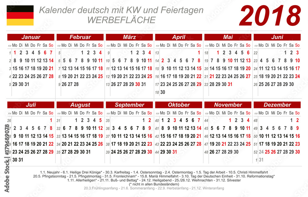 Kalender 2018 - rot - quer - deutsch - mit Feiertagen Stock-Vektorgrafik |  Adobe Stock