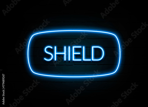 Shield - colorful Neon Sign on brickwall