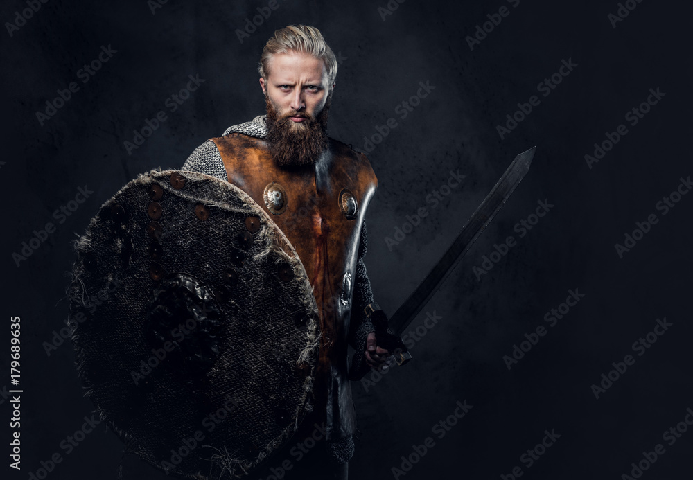 Viking dressed in Nordic armor holds a shield and silver sword. Viking dressed in Nordic armor holds a shield and silver sword.