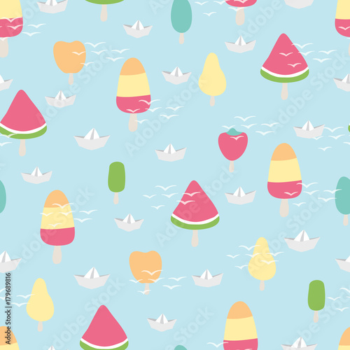 Seamless vector pattern, ice cream and paper ships on light blue background