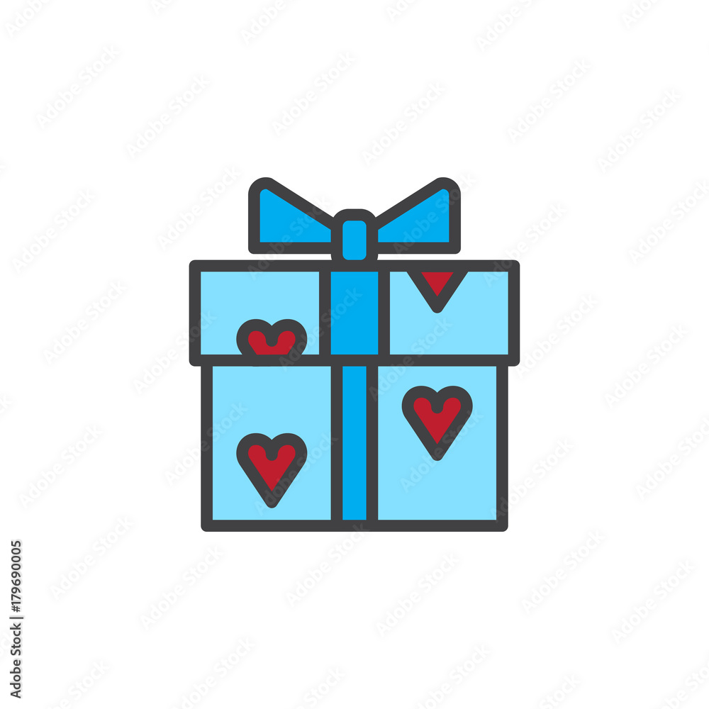 Gift box with hearts filled outline icon, line vector sign, linear colorful pictogram isolated on white. Love and valentine's day symbol, logo illustration. Pixel perfect vector graphics