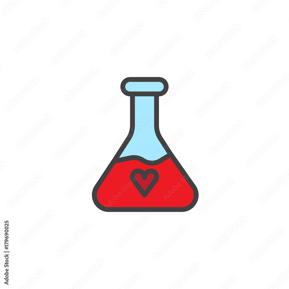 Potion with heart filled outline icon, line vector sign, linear colorful pictogram isolated on white. Symbol, logo illustration. Pixel perfect vector graphics Potion with heart filled outline icon, line vector sign, linear colorful pictogram isolated on white. Symbol, logo illustration. Pixel perfect vector graphics