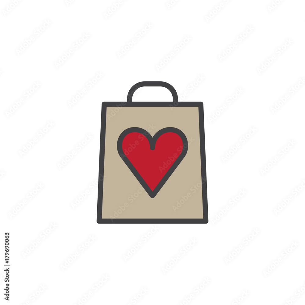 Shopping bag with heart filled outline icon, line vector sign, linear colorful pictogram isolated on white. Valentine's day present symbol, logo illustration. Pixel perfect vector graphics Shopping bag with heart filled outline icon, line vector sign, linear colorful pictogram isolated on white. Valentine's day present symbol, logo illustration. Pixel perfect vector graphics