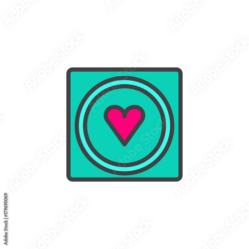 Condom with heart filled outline icon, line vector sign, linear colorful pictogram isolated on white. Safe sex symbol, logo illustration. Pixel perfect vector graphics