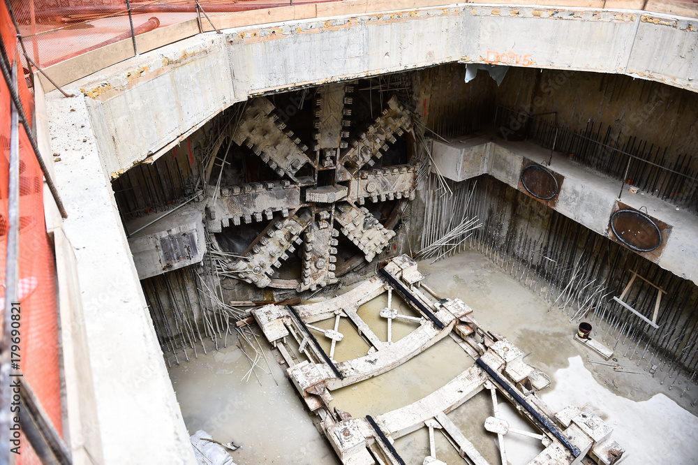 Tunnel boring machine in action during subway construction Tunnel boring machine in action during subway construction