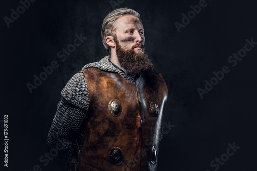 A man Viking dressed in Nordic armor.