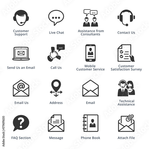 Contact Us Icons Set 1 - Black Series. Set of icons representing customer assistance, customer service and support.
