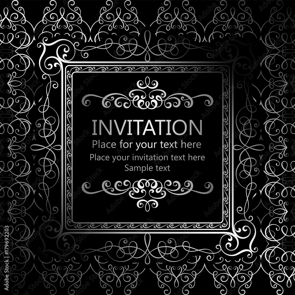 Abstract background with calligraphic luxury silver flourishes and vintage frame, victorian banner,wallpaper ornaments, invitation card, baroque style booklet, fashion pattern, template for design.
