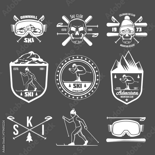 Set of vintage skiing labels and design elements