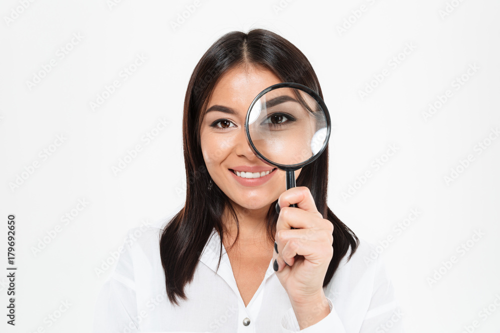 Smiling young asian lady holding loop. Smiling young asian lady holding loop.