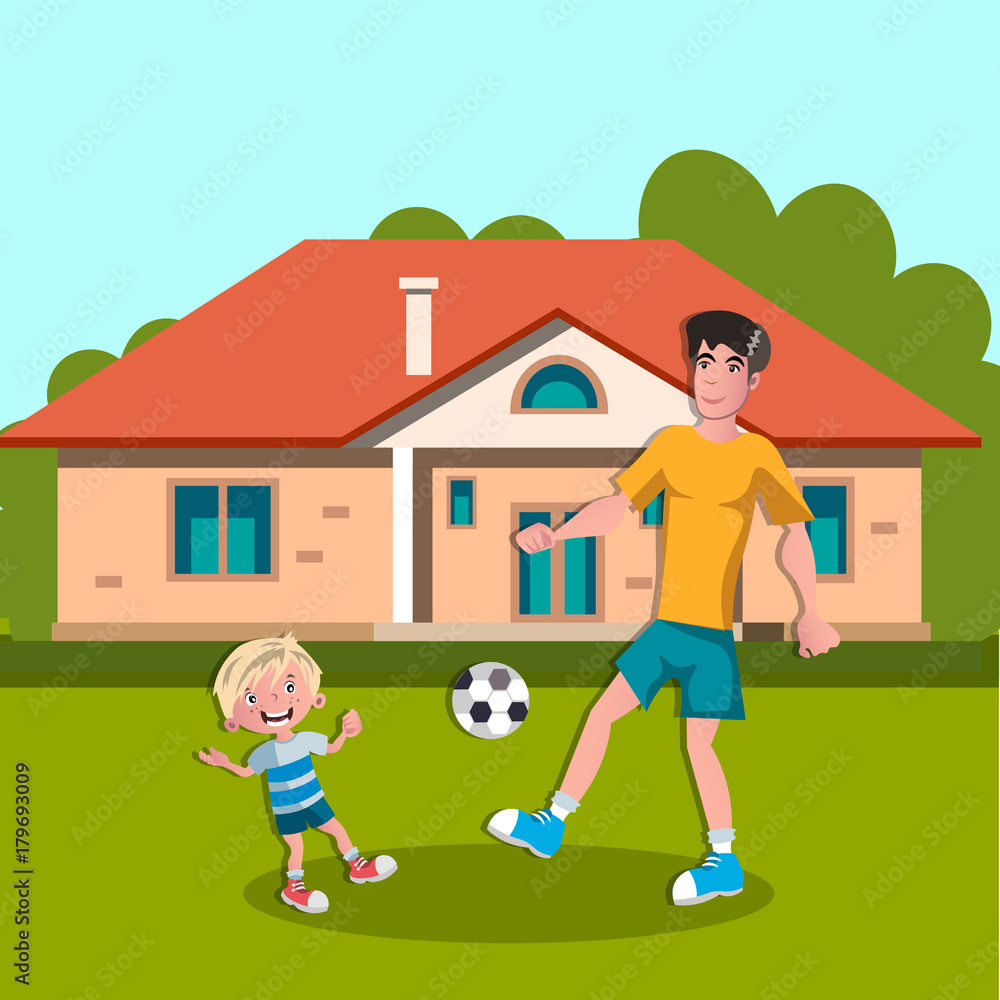 Dad and boy playing soccer