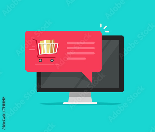 Desktop computer notice with shopping cart full, flat icon design speech bubble vector on pc, online ordering notification concept, ecommerce, internet order delivery service modern isolated