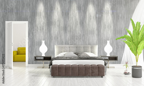 Modern interior design of bedroom in vogue with plant and copyspace in horizontal arrangement. 3D rendering. © Roman King