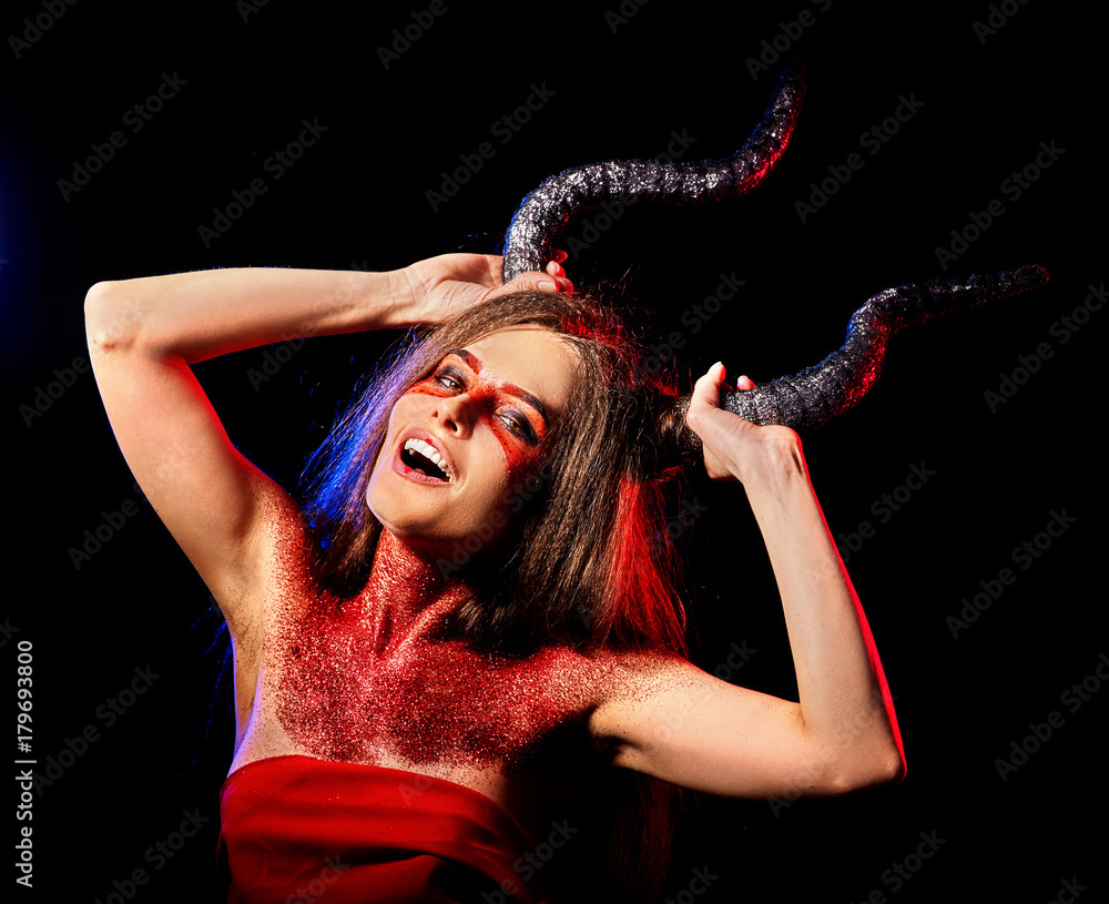 Foto Stock Black magic ritual of mad satan woman cry in hell on Halloween.  Witch reincarnation mythical creature on Sabbath. Devil absorbing soul.  Mythical zodiac Horoscope Capricorn Aries, Astral entities. | Adobe