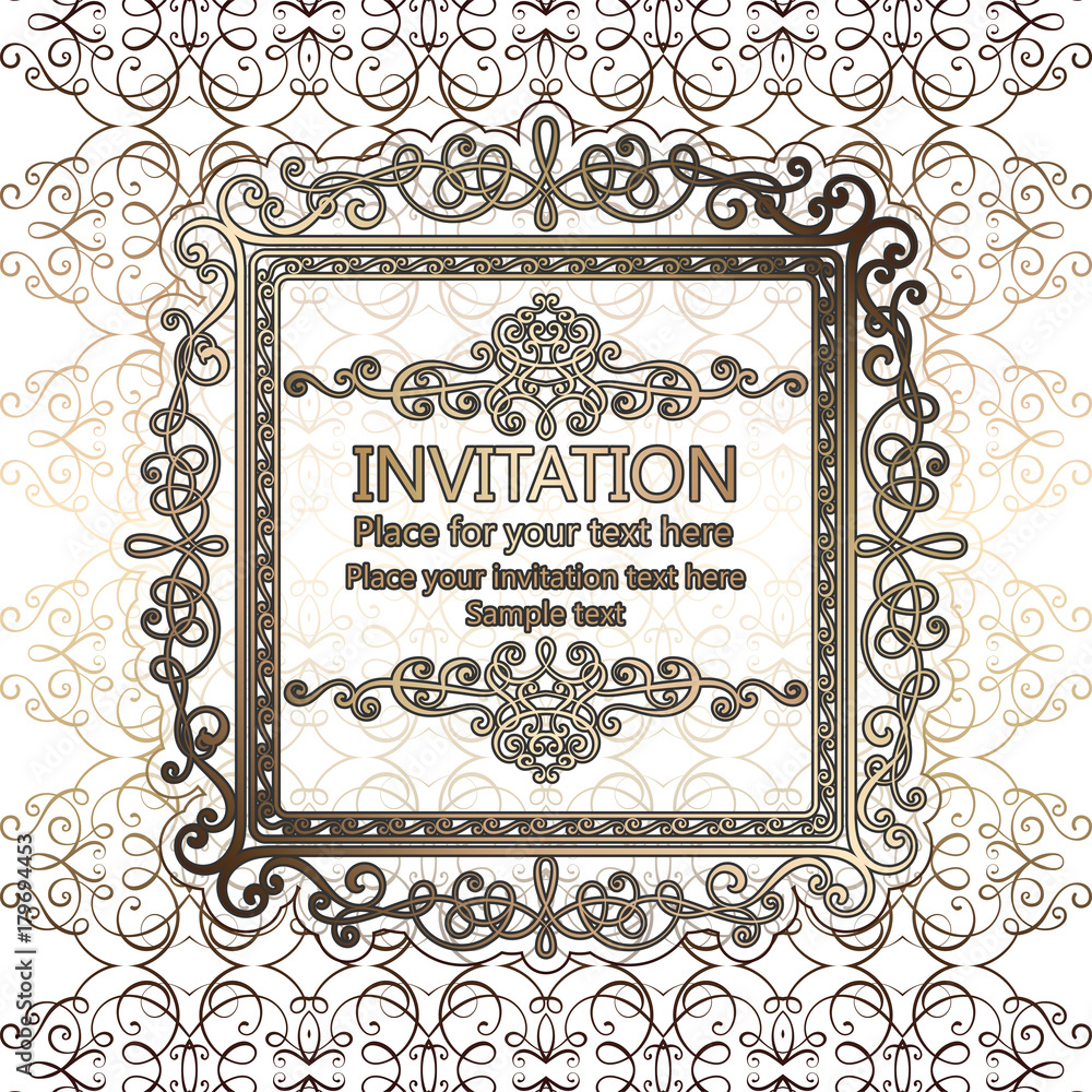 Abstract background with calligraphic luxury gold flourishes and vintage frame, victorian banner,wallpaper ornaments, invitation card, baroque style booklet, fashion pattern, template for design. Abstract background with calligraphic luxury gold flourishes and vintage frame, victorian banner,wallpaper ornaments, invitation card, baroque style booklet, fashion pattern, template for design.