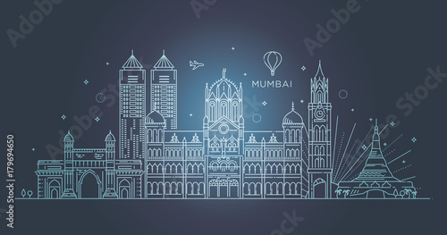 Mumbai detailed skyline. Travel and tourism background. Vector background. line illustration. Line art style
